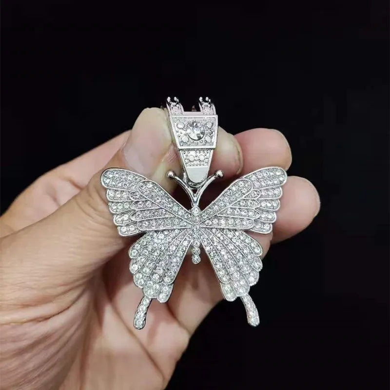 Masculino feminino hip hop iced out bling borboleta pingente colar com 13mm miami corrente cubana hiphop colares moda charme jóias