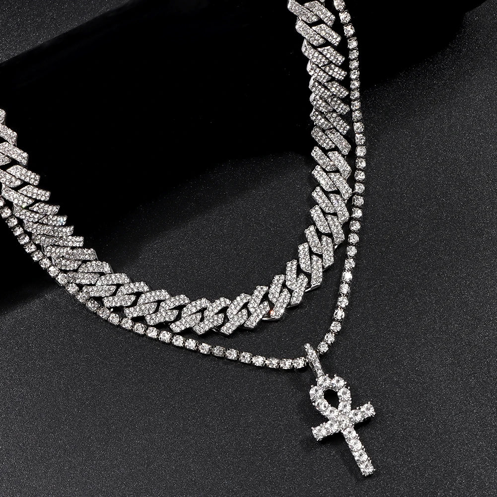 2 pçs punk cristal cruz ankh tênis corrente iced out prong cubana link corrente colar para homens mulheres rapper colares hiphop jóias