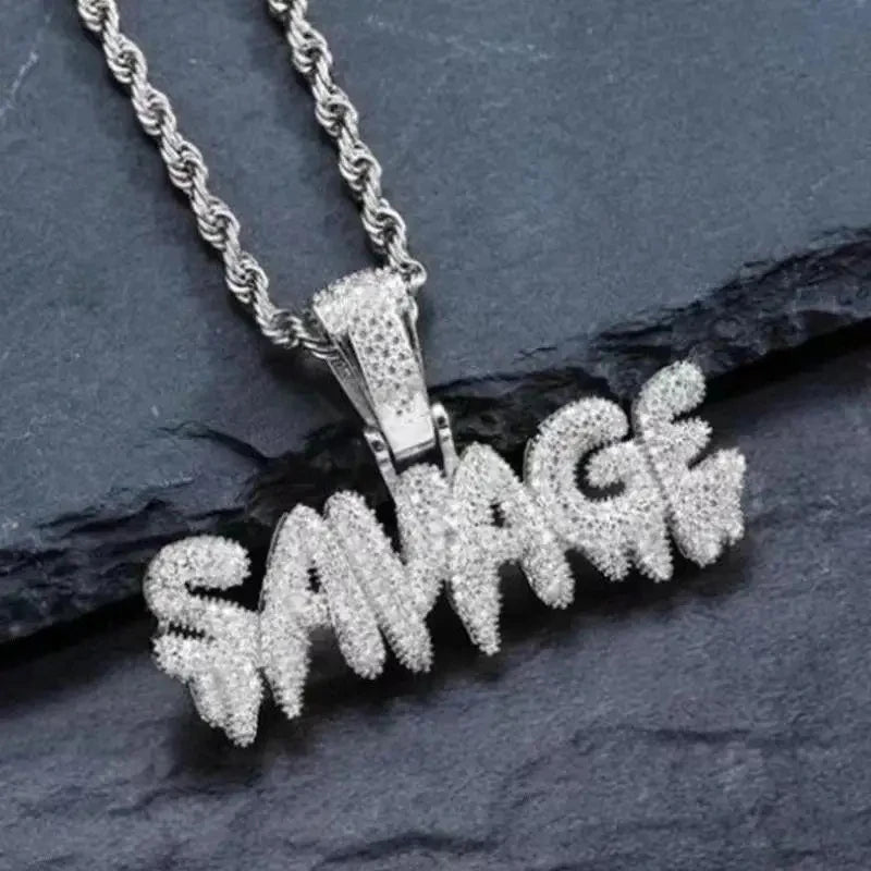 Colar com letras de zircônia cúbica para homens e mulheres, gelado, pingente selvagem, bling, hip hop, rock, rap, jóias de festa