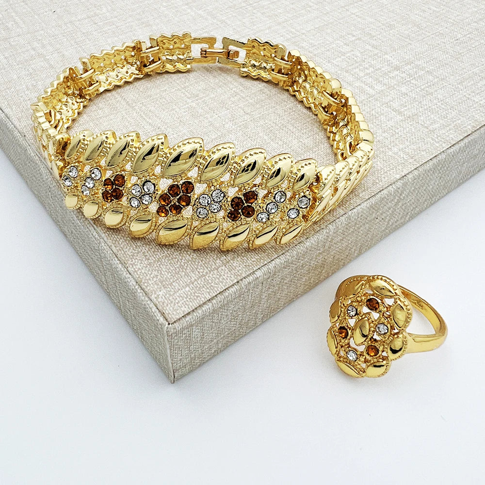 Conjunto de Jóias Banhado a Ouro Dubai para Mulheres, Design de Luxo, Colar Spike, Brincos, Pulseira, Anel, Festa de Casamento, Alta Qualidade