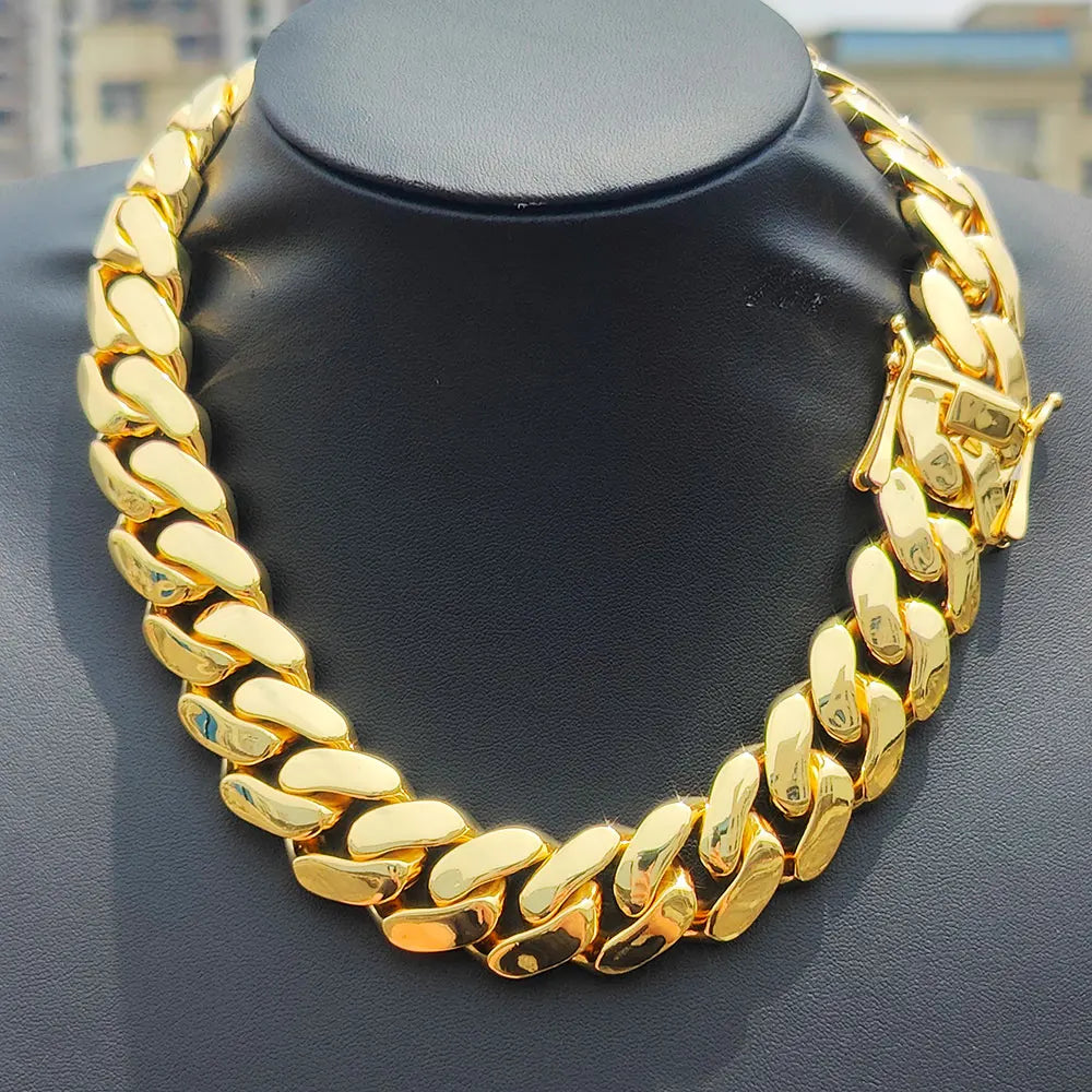 Atacado hip hop jóias 22mm latão cubana corrente luxo 18k banhado a ouro grande pesado sólido miami cubano colar para homem