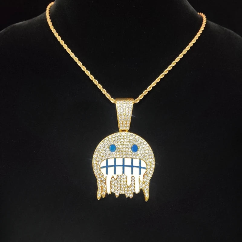 Hip Hop Iced Out Bling Emoji Forma Colar de Pingente para Homens e Mulheres, 13mm Largura, Corrente Cubana, Colares Hip Hop, Jóias Charme de Moda