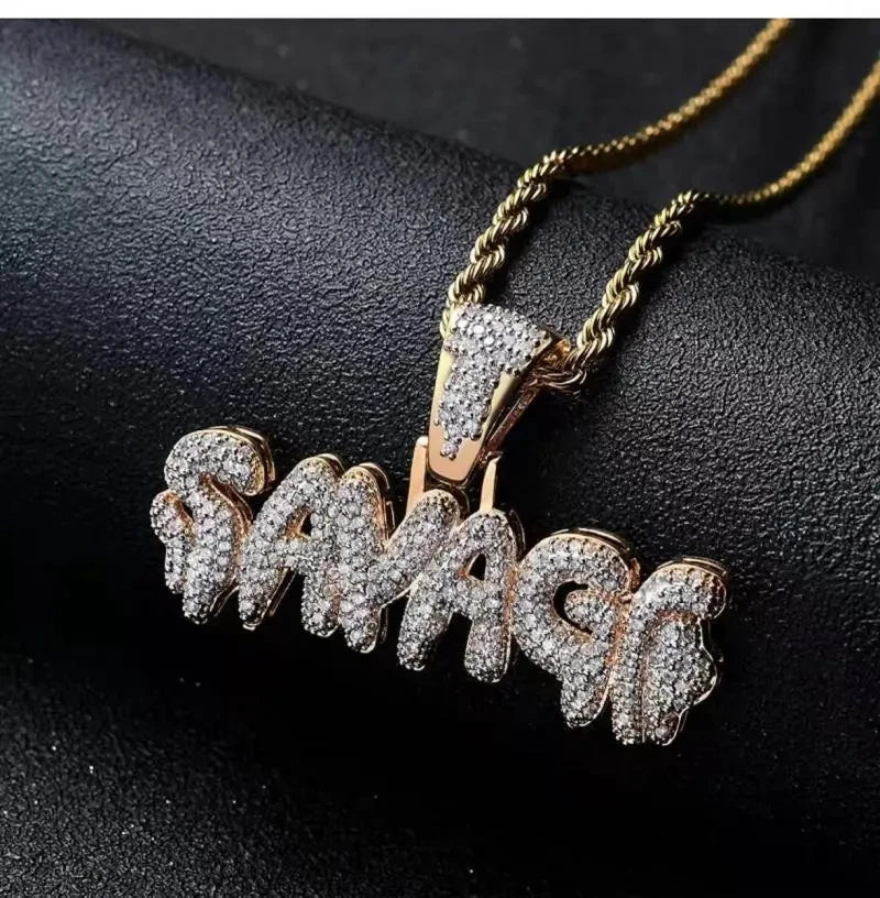 Colar com letras de zircônia cúbica para homens e mulheres, gelado, pingente selvagem, bling, hip hop, rock, rap, jóias de festa