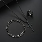 3 pçs conjuntos de jóias de aço inoxidável masculino estilo hip hop gótico com pingente cruz colar anel pulseira conjunto moda presentes simples
