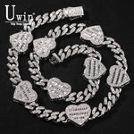 Uwin 10mm corrente cubana com coração baguette completo gelado zircão cúbico moda luxuosa gargantilha hiphop joias