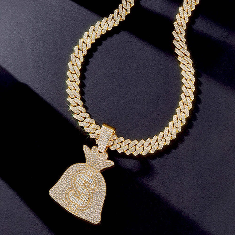 Masculino feminino hip hop dólar sinal saco de dinheiro pingente colar com 14mm corrente cubanausd saco de dinheiro colares na moda charme jóias presente