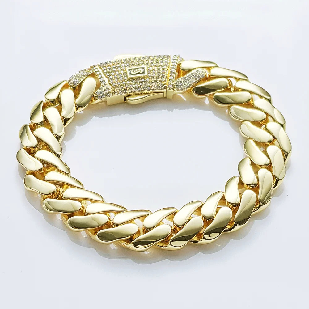 Hhiok venda quente monaco 14k banhado a ouro corrente masculina com fecho gelado colar miami 12/15/20mm corrente de ligação cubana de latão para homens