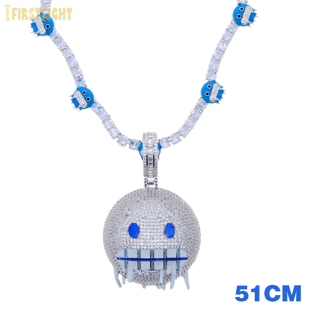 Colar gelado Bling Iceman para homens e mulheres, corrente de tênis, charme de expressão de esmalte azul, jóias Hip Hop, 5mm, CZ, moda, novo, 2024