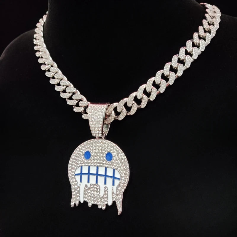 Hip Hop Iced Out Bling Emoji Forma Colar de Pingente para Homens e Mulheres, 13mm Largura, Corrente Cubana, Colares Hip Hop, Jóias Charme de Moda