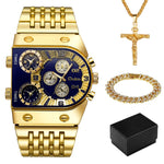 Oulm data automática relógio masculino quadrado ouro quartzo relógio de pulso para homem esportes multi-fuso horário militar masculino à prova dwaterproof água reloj hombre