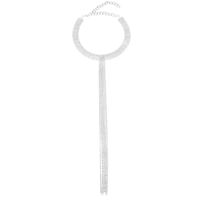 Colar em forma de T strass longo Tassel, personalizado e versátil, Europeu e Americano, Cadeia de Colavícula