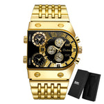 Oulm data automática relógio masculino quadrado ouro quartzo relógio de pulso para homem esportes multi-fuso horário militar masculino à prova dwaterproof água reloj hombre