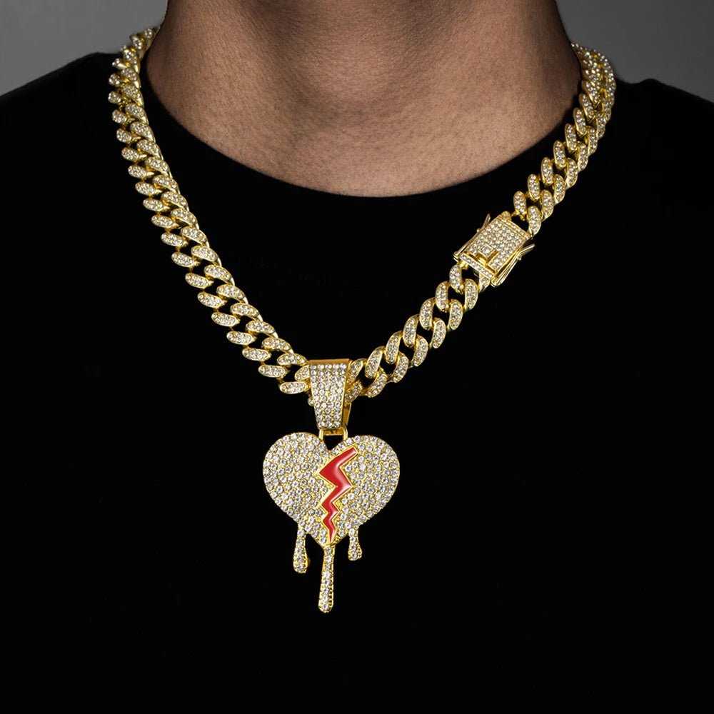 Hip hop iced out coração quebrado pingentes colar com miami cubana link corrente heartbreak colares masculino feminino rapper charme jóias