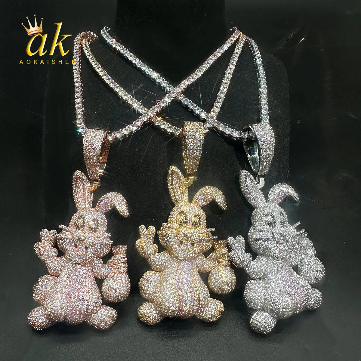 Aokaishen-Prong Coelho Colar Pingente Para Mulheres, Real Cobre, Iced Out Charme, Jóias Hip Hop, Zircônia Cúbica