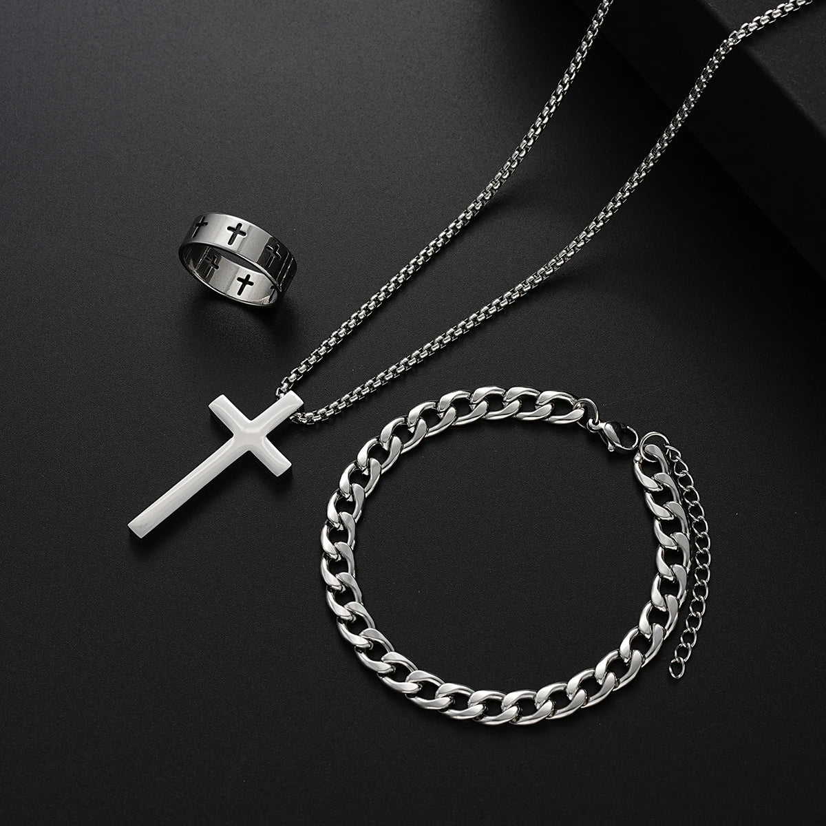 3 pçs conjuntos de jóias de aço inoxidável masculino estilo hip hop gótico com pingente cruz colar anel pulseira conjunto moda presentes simples