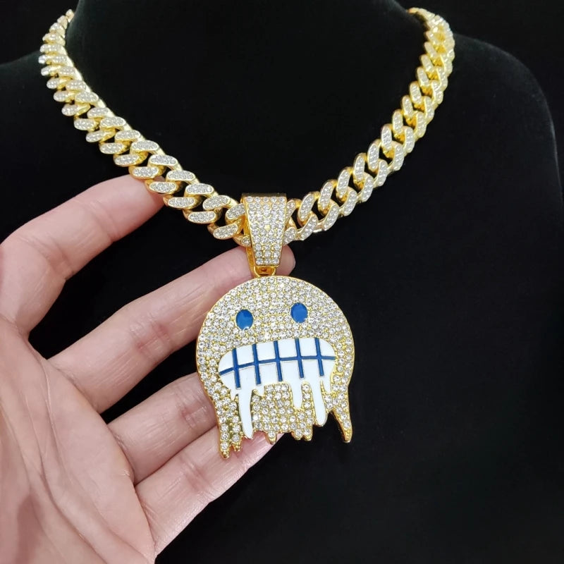 Hip Hop Iced Out Bling Emoji Forma Colar de Pingente para Homens e Mulheres, 13mm Largura, Corrente Cubana, Colares Hip Hop, Jóias Charme de Moda