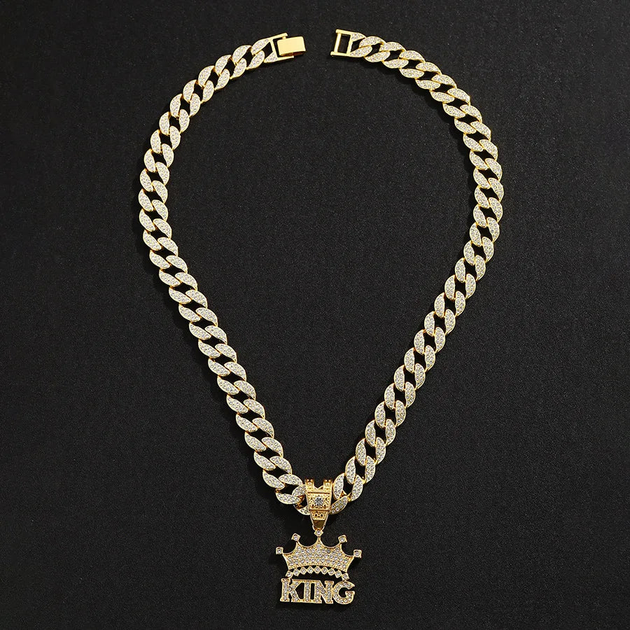 Coroa de Hip Hop masculina com Rei Pingente, Corrente Cubana Cristal, Strass Cristal Gelo, Jóias da Moda