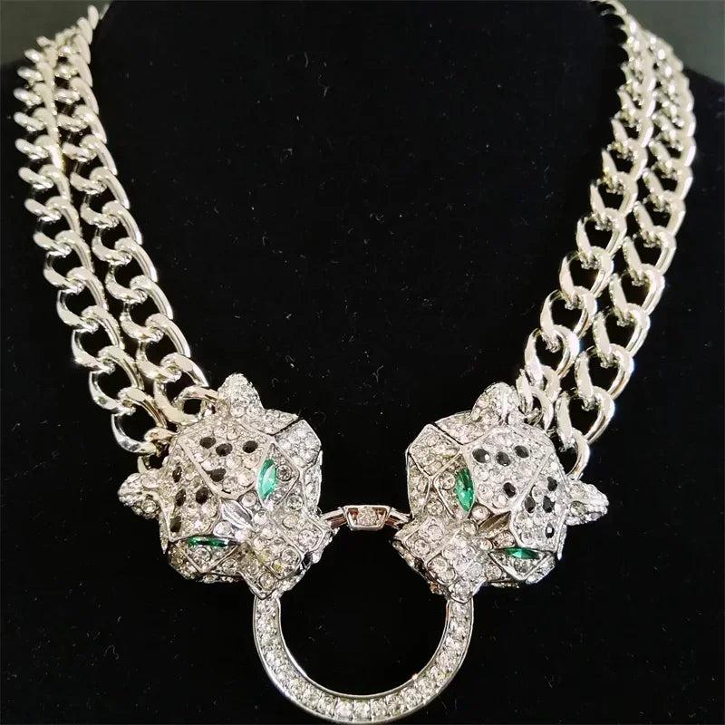 Hip hop cristal duplo leopardo cabeça pingente com dupla corrente cubana colar moda pantera jóias para homens mulheres festa wear