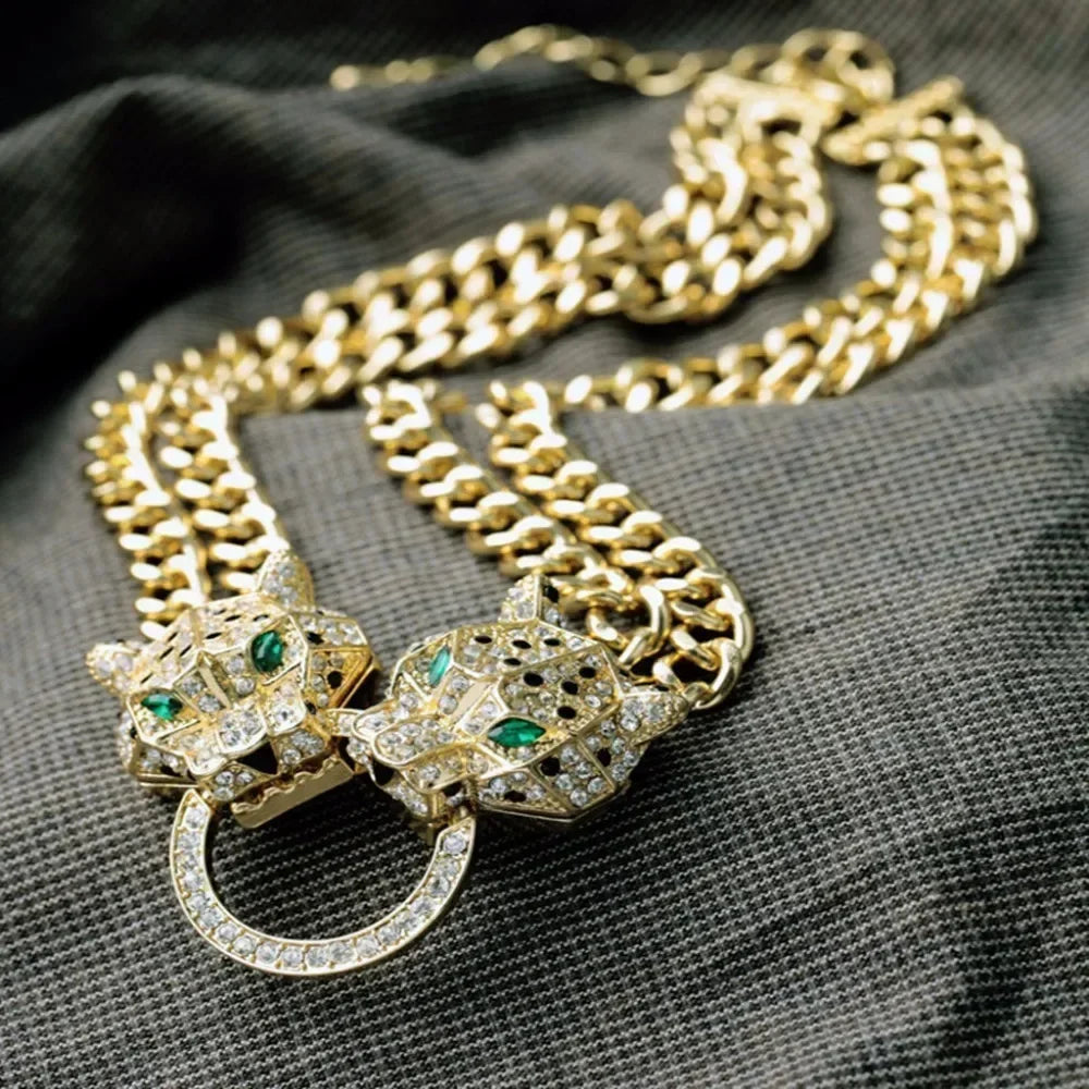 Hip hop cristal duplo leopardo cabeça pingente com dupla corrente cubana colar moda pantera jóias para homens mulheres festa wear