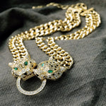 Hip hop cristal duplo leopardo cabeça pingente com dupla corrente cubana colar moda pantera jóias para homens mulheres festa wear