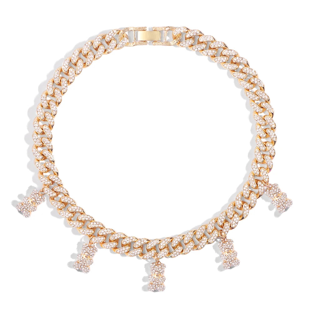 Hip hop personalidade cor de ouro cubana link corrente colar para mulheres menina gelado cristal acrílico urso pingente colar jóias