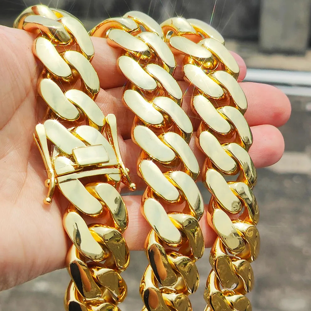 Atacado hip hop jóias 22mm latão cubana corrente luxo 18k banhado a ouro grande pesado sólido miami cubano colar para homem