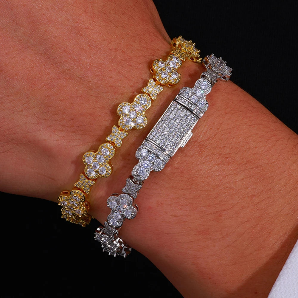 Joias de nicho personalizadas da moda, corrente cubana de hip hop, pulseira de zircônia cheia de flor cruzada de 10 mm para homens e mulheres