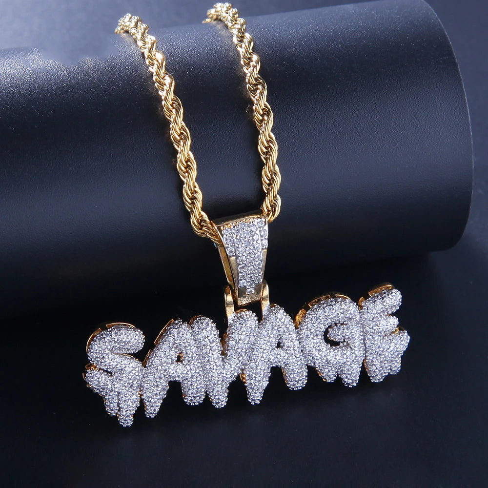 Colar com letras de zircônia cúbica para homens e mulheres, gelado, pingente selvagem, bling, hip hop, rock, rap, jóias de festa