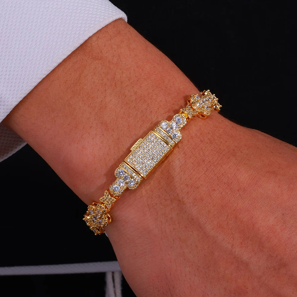 Joias de nicho personalizadas da moda, corrente cubana de hip hop, pulseira de zircônia cheia de flor cruzada de 10 mm para homens e mulheres