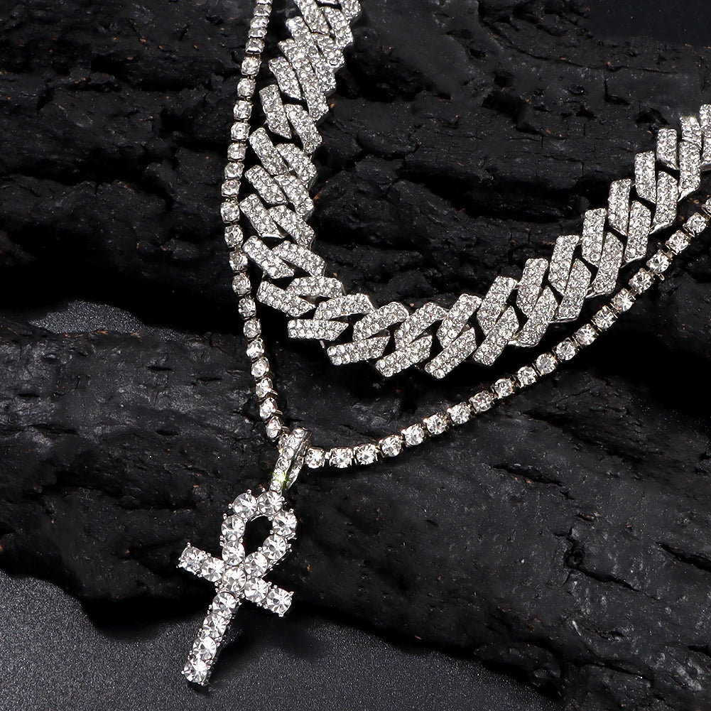 2 pçs punk cristal cruz ankh tênis corrente iced out prong cubana link corrente colar para homens mulheres rapper colares hiphop jóias