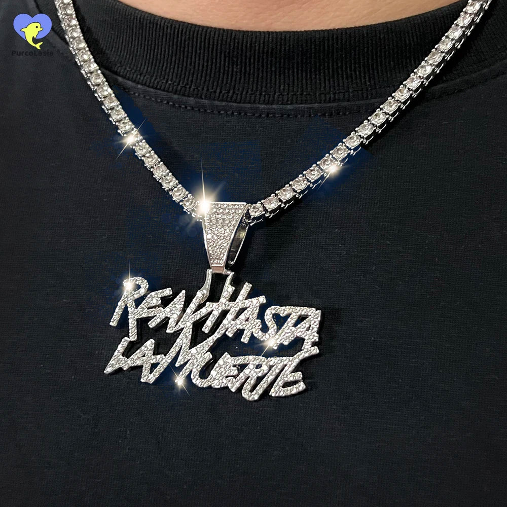 Hip hop estilo de rua realhasta lamuerte carta bling pingente colar 4mm bling corrente gelado para rapper legal jóias