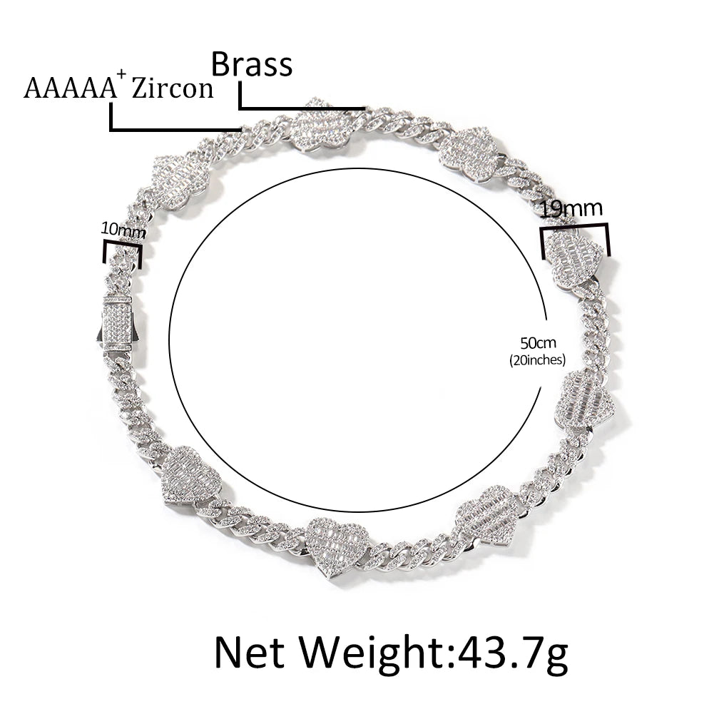 Uwin 10mm corrente cubana com coração baguette completo gelado zircão cúbico moda luxuosa gargantilha hiphop joias