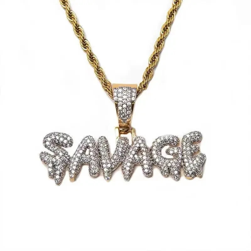 Colar com letras de zircônia cúbica para homens e mulheres, gelado, pingente selvagem, bling, hip hop, rock, rap, jóias de festa