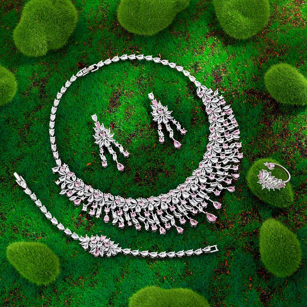 2023 venda quente zircônia cúbica conjunto de jóias de casamento nupcial conjunto de 4 peças conjunto de jóias femininas reprodução de marca de jóias