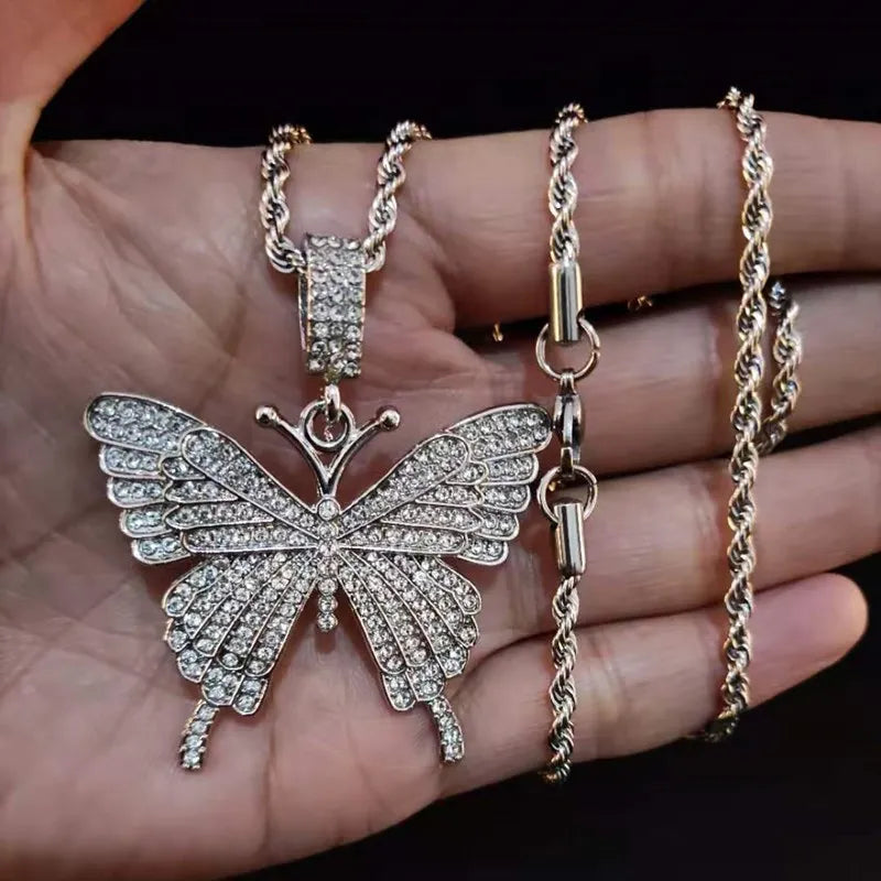 Masculino feminino hip hop iced out bling borboleta pingente colar com 13mm miami corrente cubana hiphop colares moda charme jóias