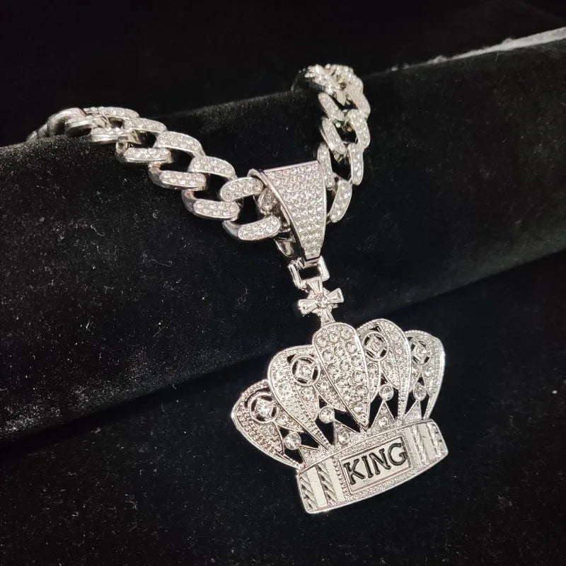 Masculino feminino hip hop coroa pingente colar com 13mm corrente cubana hiphop gelado bling colares moda jóias presentes