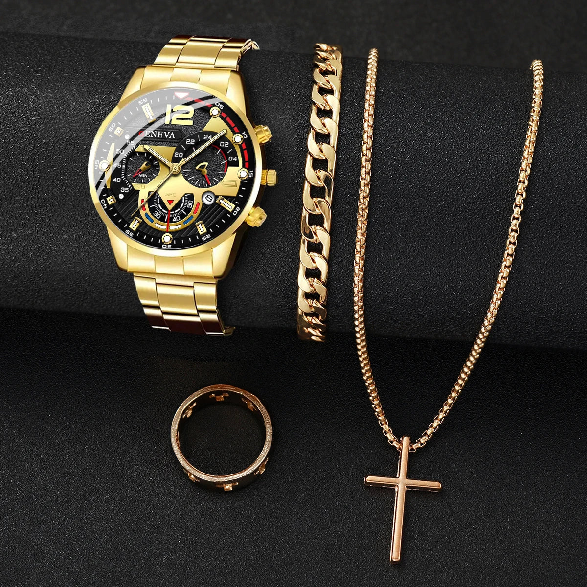 Quartz Watch for Men, Silver Steel Band, Relógios de Negócios, Conjunto de Jóias sem Caixa, Moda, 4 Pçs/set