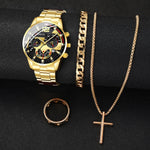 Quartz Watch for Men, Silver Steel Band, Relógios de Negócios, Conjunto de Jóias sem Caixa, Moda, 4 Pçs/set