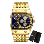 Oulm data automática relógio masculino quadrado ouro quartzo relógio de pulso para homem esportes multi-fuso horário militar masculino à prova dwaterproof água reloj hombre