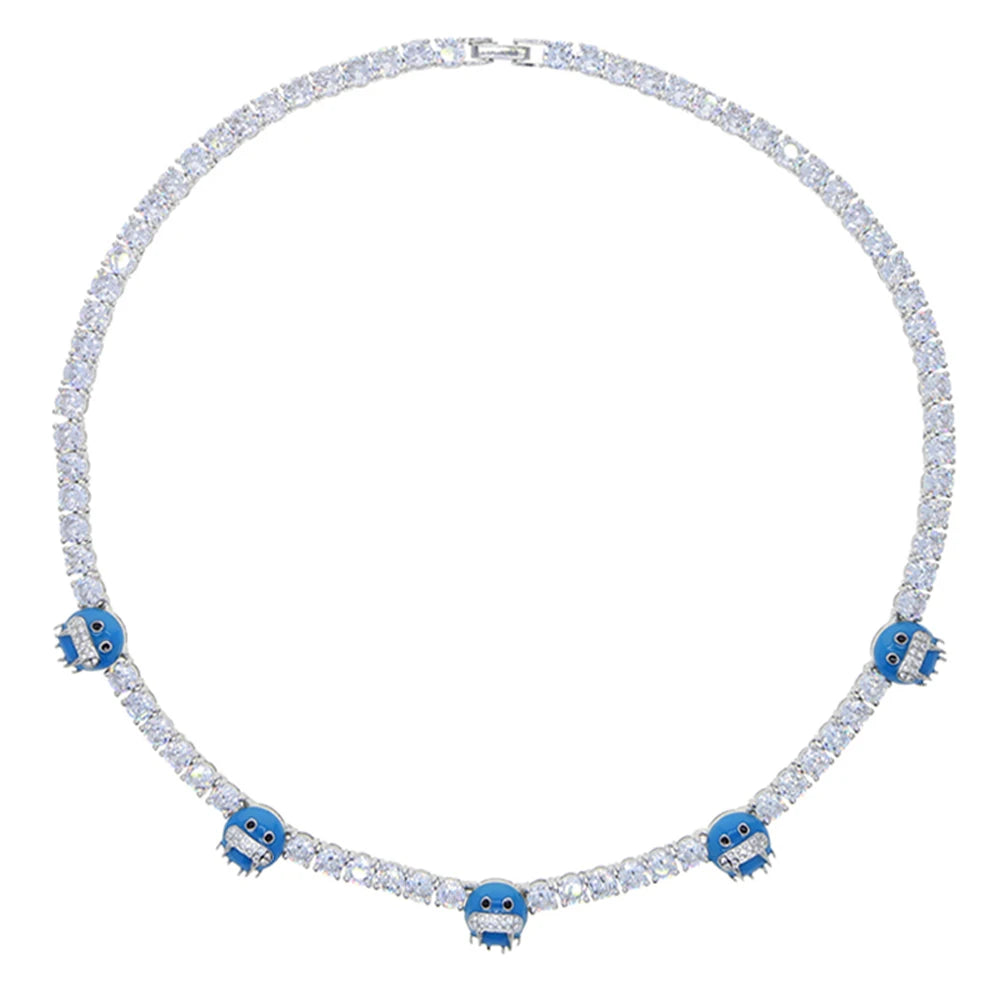 Colar gelado Bling Iceman para homens e mulheres, corrente de tênis, charme de expressão de esmalte azul, jóias Hip Hop, 5mm, CZ, moda, novo, 2024