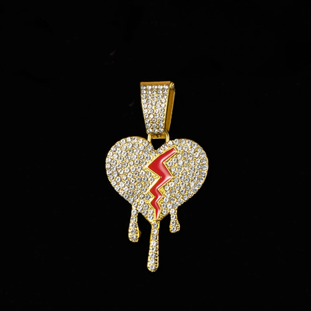 Hip hop iced out coração quebrado pingentes colar com miami cubana link corrente heartbreak colares masculino feminino rapper charme jóias