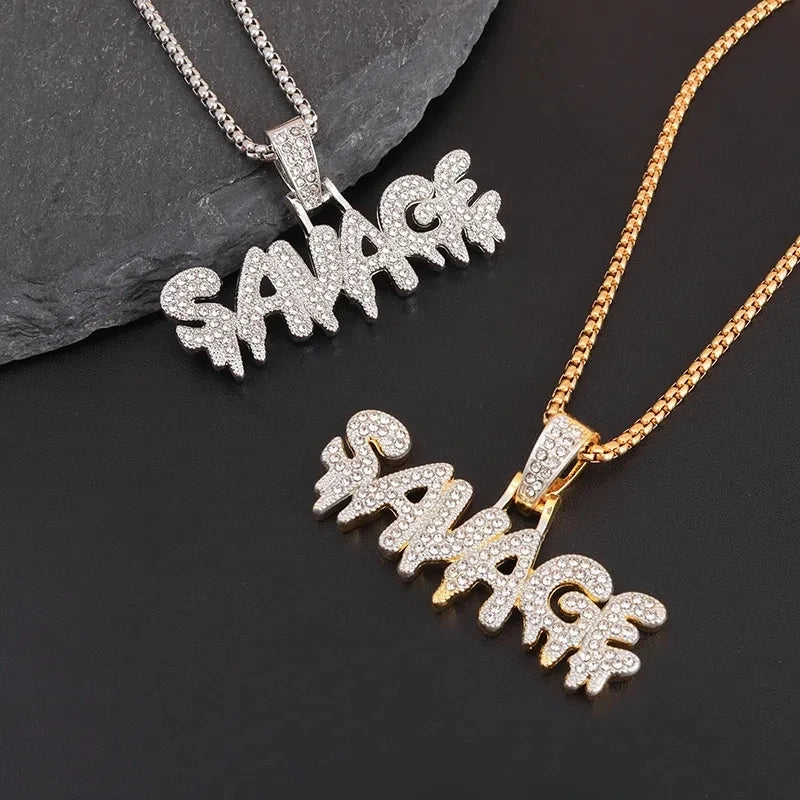Colar com letras de zircônia cúbica para homens e mulheres, gelado, pingente selvagem, bling, hip hop, rock, rap, jóias de festa