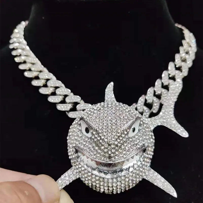 Colar com pingente de tubarão, tamanho grande, para homens, hip hop, joias brilhantes com cristal gelado, corrente cubana miami, joias da moda