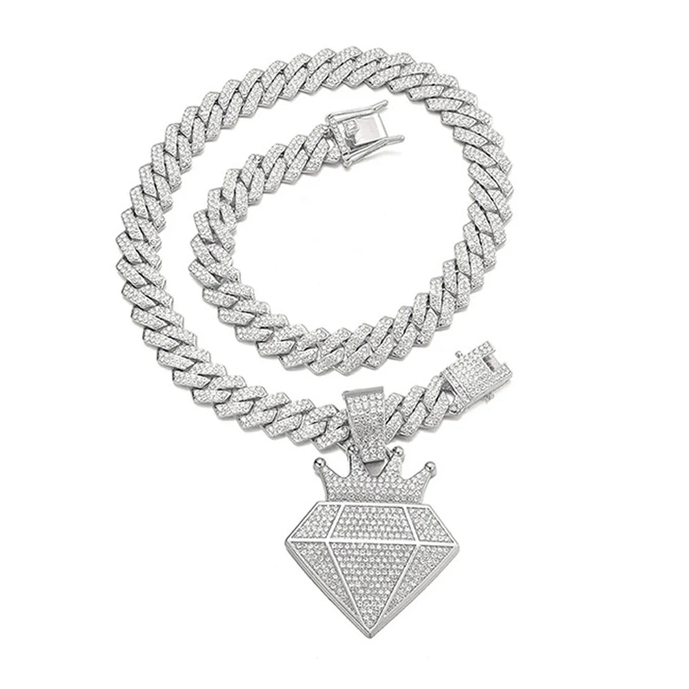 Hip hop iced out coroa pingente colar com 13mm strass cubana corrente bling colares masculino feminino moda charme jóias presente