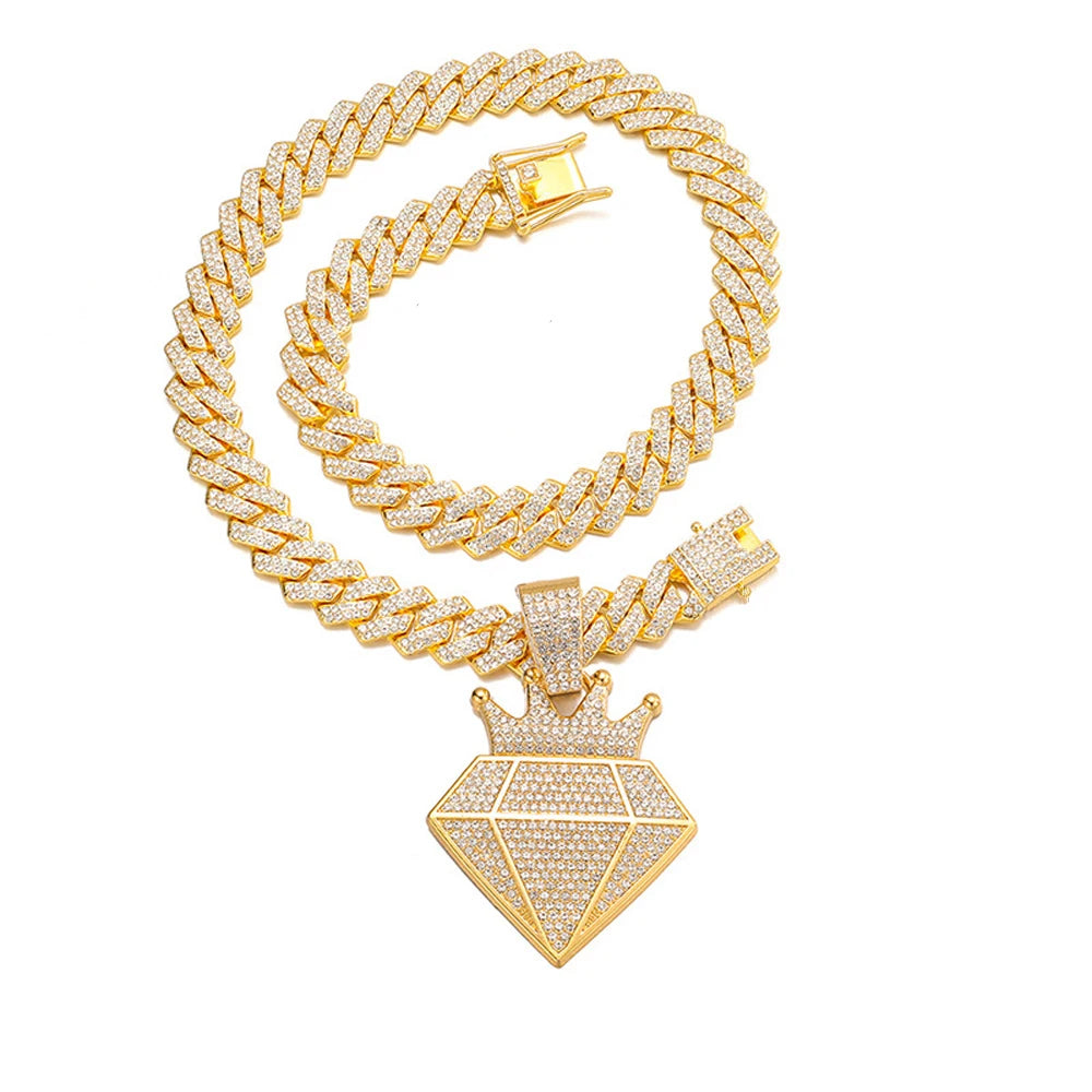 Hip hop iced out coroa pingente colar com 13mm strass cubana corrente bling colares masculino feminino moda charme jóias presente