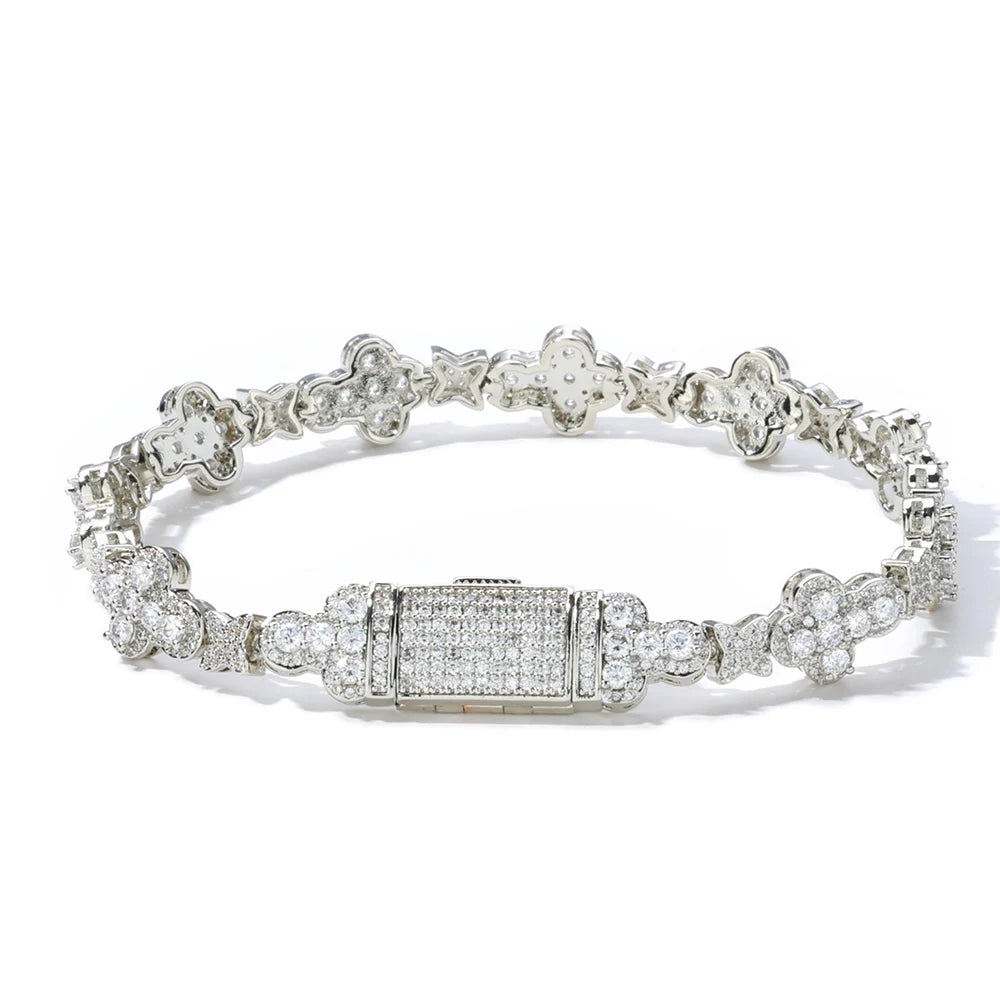 Joias de nicho personalizadas da moda, corrente cubana de hip hop, pulseira de zircônia cheia de flor cruzada de 10 mm para homens e mulheres