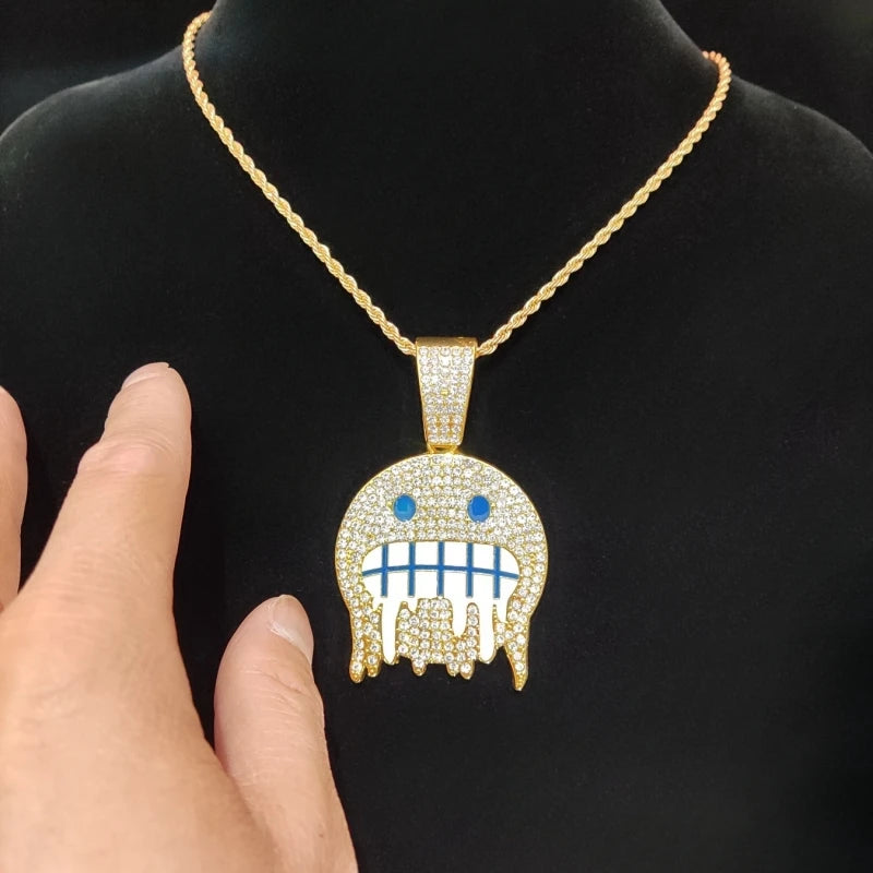 Hip Hop Iced Out Bling Emoji Forma Colar de Pingente para Homens e Mulheres, 13mm Largura, Corrente Cubana, Colares Hip Hop, Jóias Charme de Moda