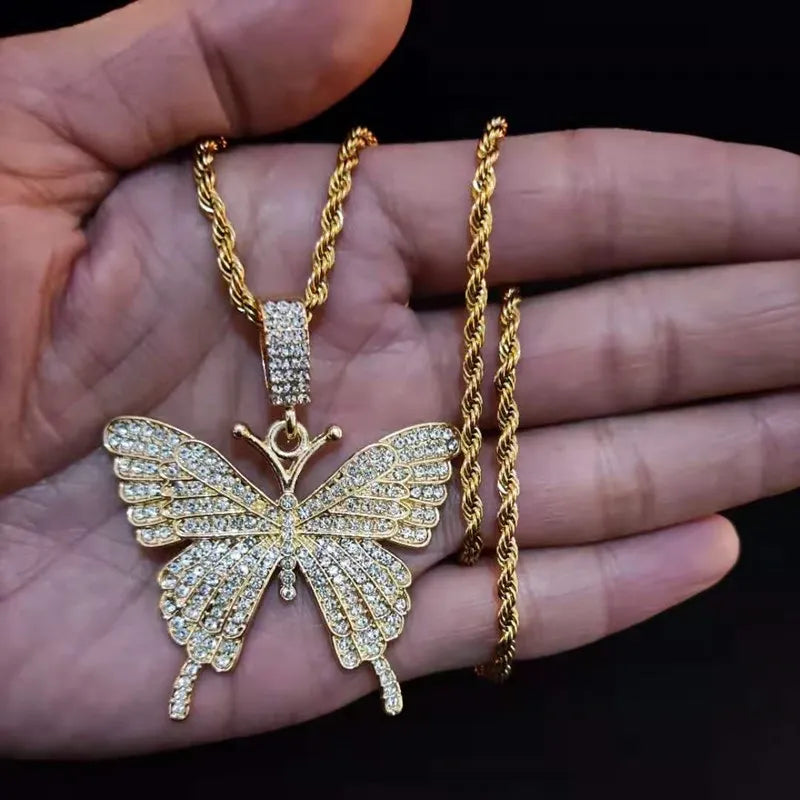 Masculino feminino hip hop iced out bling borboleta pingente colar com 13mm miami corrente cubana hiphop colares moda charme jóias