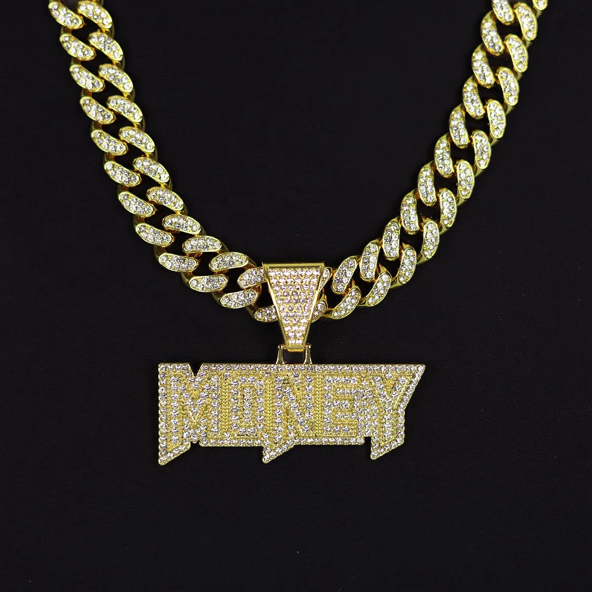 Colar com pingente de letra de dinheiro de hip-hop gelado - corrente grande de strass de liga, joias de declaração em negrito