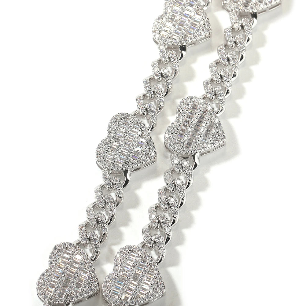 Uwin 10mm corrente cubana com coração baguette completo gelado zircão cúbico moda luxuosa gargantilha hiphop joias